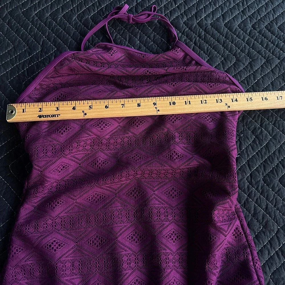 SO Swimsuit Womens Large‎ Purple One Piece Halter Crochet Overlay
